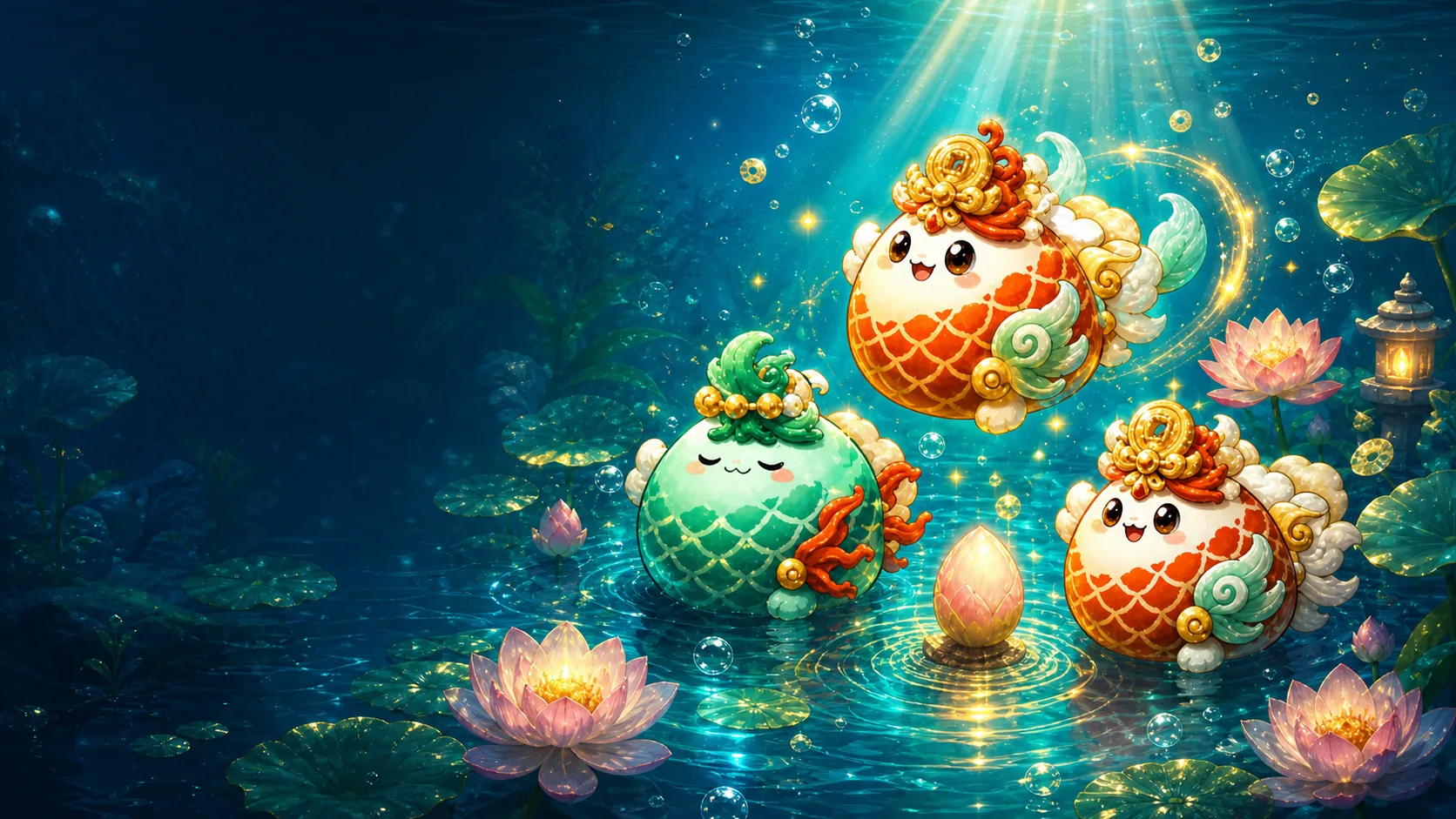 Three magical koi in a luminous underwater lotus garden